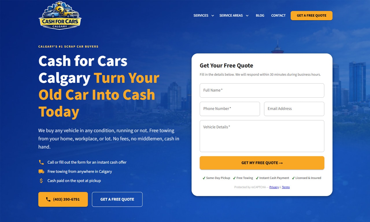 Cash for Cars Calgary - Website & AI Assisted Brand Development hero image - Web Development & Website Design & Logo & Brand Design project for Cash for Cars Calgary by Calgary web developer James Allen