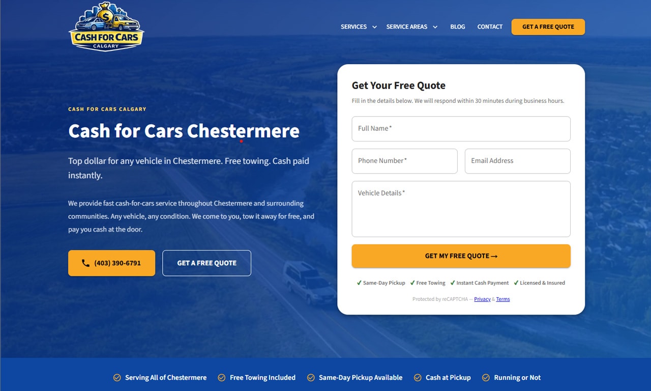 Cash for Cars Calgary - Website & AI Assisted Brand Development gallery image 1 - Web Development & Website Design & Logo & Brand Design project showcasing Next.js and TypeScript development for Cash for Cars Calgary