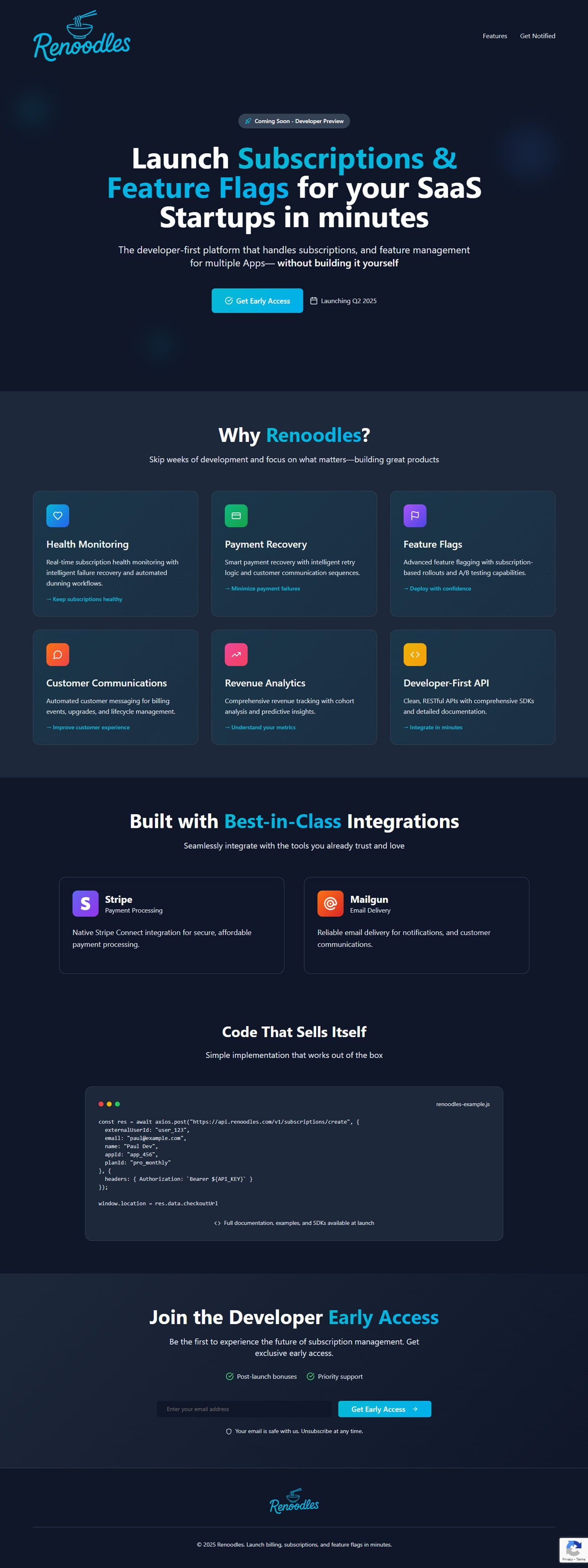 Renoodles - Developer-First Subscription & Feature Flag Platform gallery image 1 - Web Application & Web Design & Web Development & Graphic Design project showcasing React and TypeScript development for Renoodles (Personal Project)